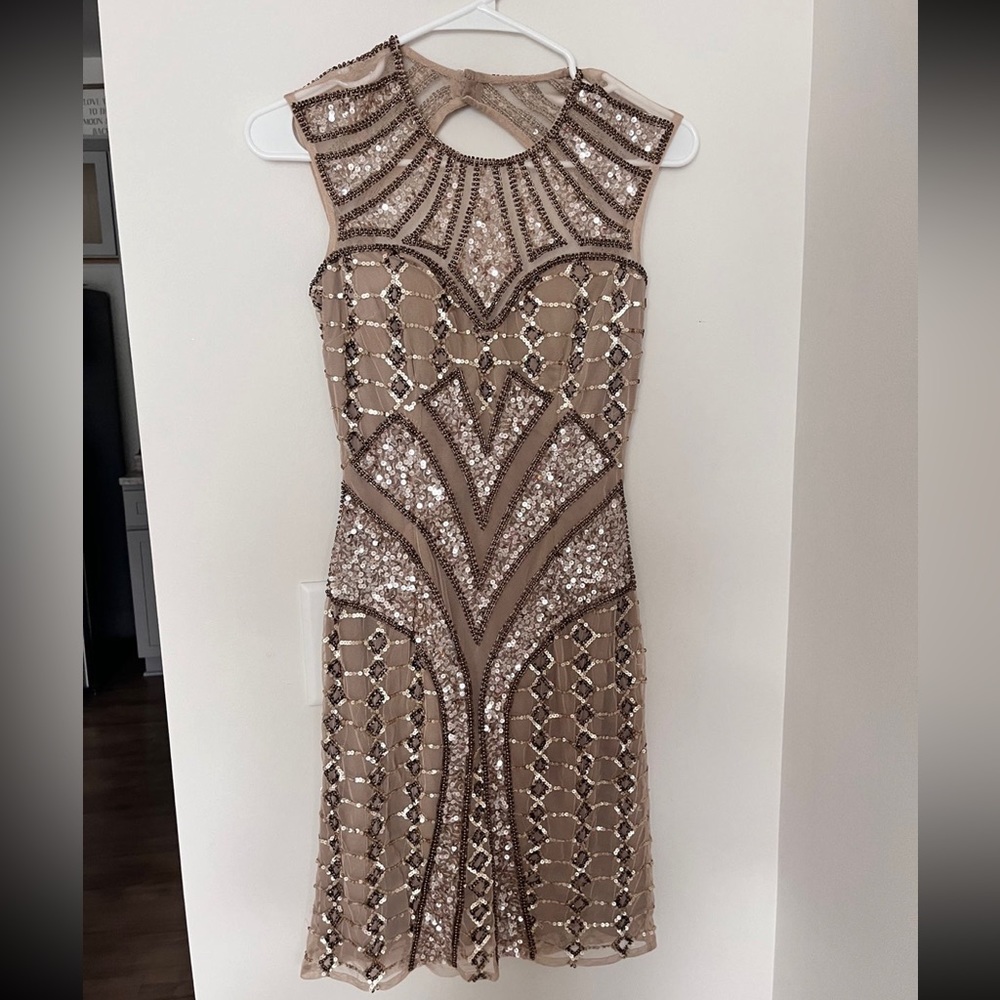 Prom pageant gold tan nude minidress